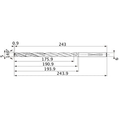 MVS0500X35S060 DP1020 5 mm Dia. × 6 mm Shank × 190.9 mm Flute Length × 243.9 mm OAL, 140°, 2 Flute, Coolant Thru, Solid Carbide Drill