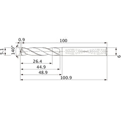 MVS0510X05S060 DP1020 5.1 mm Dia. × 6 mm Shank × 44.9 mm Flute Length × 100.9 mm OAL, 140°, 2 Flute, Coolant Thru, Solid Carbide Drill