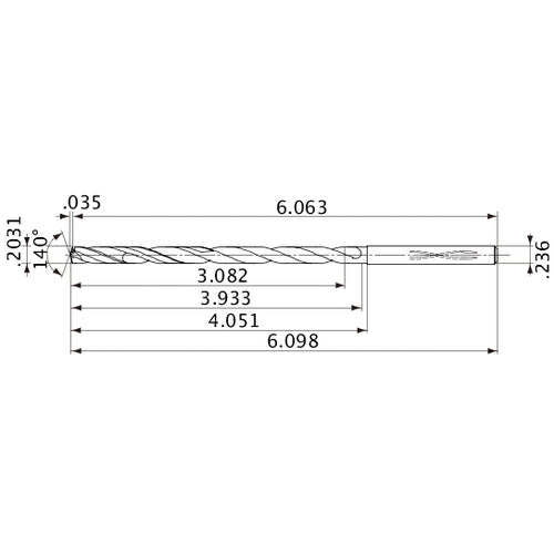 MVS0516X15S060 DP1020 0.2031″ Dia. × 0.236″ Shank × 3.933″ Flute Length × 6.098″ OAL, 140°, 2 Flute, Coolant Thru, Solid Carbide Drill
