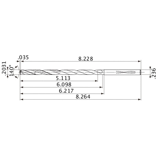 MVS0516X25S060 DP1020 0.2031″ Dia. × 0.236″ Shank × 6.098″ Flute Length × 8.264″ OAL, 140°, 2 Flute, Coolant Thru, Solid Carbide Drill