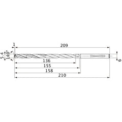 MVS0540X25S060 DP1020 5.4 mm Dia. × 6 mm Shank × 155 mm Flute Length × 210 mm OAL, 140°, 2 Flute, Coolant Thru, Solid Carbide Drill