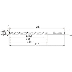 MVS0550X25S060 DP1020 5.5 mm Dia. × 6 mm Shank × 155 mm Flute Length × 210 mm OAL, 140°, 2 Flute, Coolant Thru, Solid Carbide Drill