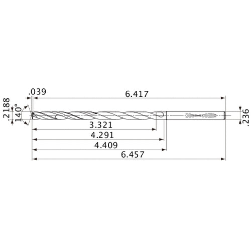 MVS0556X15S060 DP1020 0.2188″ Dia. × 0.236″ Shank × 4.291″ Flute Length × 6.457″ OAL, 140°, 2 Flute, Coolant Thru, Solid Carbide Drill