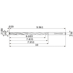 MVS0556X30S060 DP1020 0.2188″ Dia. × 0.236″ Shank × 7.835″ Flute Length × 10″ OAL, 140°, 2 Flute, Coolant Thru, Solid Carbide Drill
