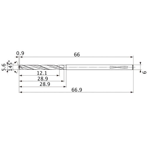 MVS0560X02S060PL DP1020 5.6 mm Dia. × 6 mm Shank × 28.9 mm Flute Length × 66.9 mm OAL, 145°, 2 Flute, Coolant Thru, Solid Carbide Drill