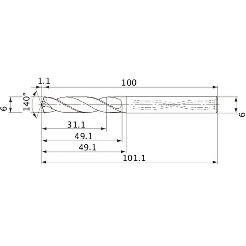 MVS0600X05S060 DP1020 6 mm Dia. × 6 mm Shank × 49.1 mm Flute Length × 101.1 mm OAL, 140°, 2 Flute, Coolant Thru, Solid Carbide Drill