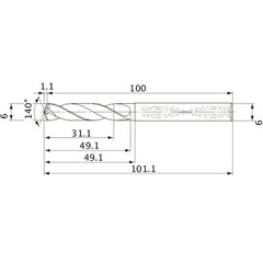 MVS0600X05S060 DP1020 6 mm Dia. × 6 mm Shank × 49.1 mm Flute Length × 101.1 mm OAL, 140°, 2 Flute, Coolant Thru, Solid Carbide Drill