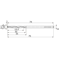 MVS0610X02S080PL DP1020 6.1 mm Dia. × 8 mm Shank × 32 mm Flute Length × 75 mm OAL, 145°, 2 Flute, Coolant Thru, Solid Carbide Drill