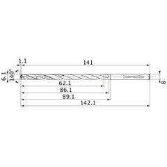 MVS0610X10S080 DP1020 6.1 mm Dia. × 8 mm Shank × 86.1 mm Flute Length × 142.1 mm OAL, 140°, 2 Flute, Coolant Thru, Solid Carbide Drill