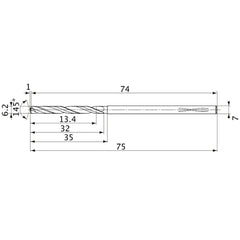 MVS0620X02S070PL DP1020 6.2 mm Dia. × 7 mm Shank × 32 mm Flute Length × 75 mm OAL, 145°, 2 Flute, Coolant Thru, Solid Carbide Drill