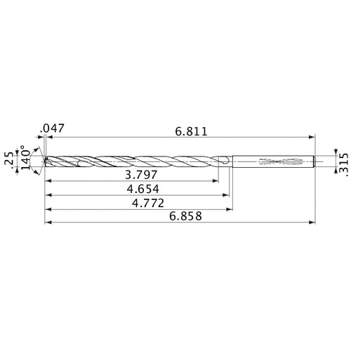 MVS0635X15S080 DP1020 1/4″ Dia. × 0.315″ Shank × 4.654″ Flute Length × 6.858″ OAL, 140°, 2 Flute, Coolant Thru, Solid Carbide Drill