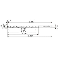 MVS0635X15S080 DP1020 1/4″ Dia. × 0.315″ Shank × 4.654″ Flute Length × 6.858″ OAL, 140°, 2 Flute, Coolant Thru, Solid Carbide Drill