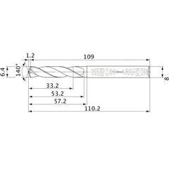 MVS0640X05S080 DP1020 6.4 mm Dia. × 8 mm Shank × 53.2 mm Flute Length × 110.2 mm OAL, 140°, 2 Flute, Coolant Thru, Solid Carbide Drill