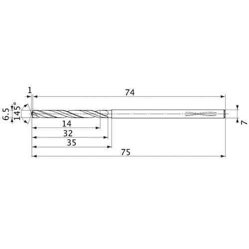 MVS0650X02S070PL DP1020 6.5 mm Dia. × 7 mm Shank × 32 mm Flute Length × 75 mm OAL, 145°, 2 Flute, Coolant Thru, Solid Carbide Drill