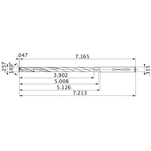 MVS0653X15S080 DP1020 0.257″ Dia. × 0.315″ Shank × 5.008″ Flute Length × 7.213″ OAL, 140°, 2 Flute, Coolant Thru, Solid Carbide Drill
