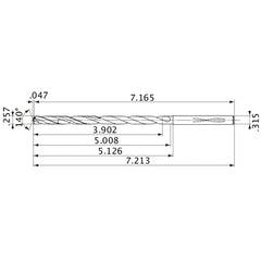 MVS0653X15S080 DP1020 0.257″ Dia. × 0.315″ Shank × 5.008″ Flute Length × 7.213″ OAL, 140°, 2 Flute, Coolant Thru, Solid Carbide Drill