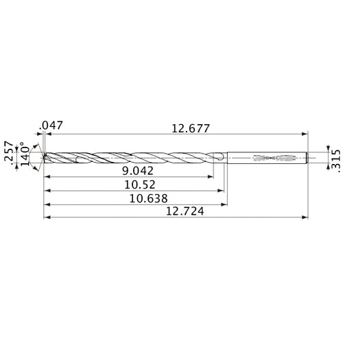 MVS0653X35S080 DP1020 0.257″ Dia. × 0.315″ Shank × 10.52″ Flute Length × 12.724″ OAL, 140°, 2 Flute, Coolant Thru, Solid Carbide Drill