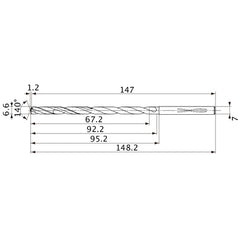 MVS0660X10S070 DP1020 6.6 mm Dia. × 7 mm Shank × 92.2 mm Flute Length × 148.2 mm OAL, 140°, 2 Flute, Coolant Thru, Solid Carbide Drill