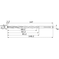 MVS0670X10S080 DP1020 6.7 mm Dia. × 8 mm Shank × 92.2 mm Flute Length × 148.2 mm OAL, 140°, 2 Flute, Coolant Thru, Solid Carbide Drill
