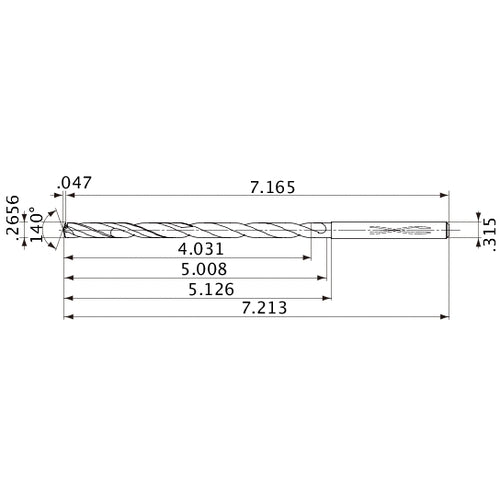 MVS0675X15S080 DP1020 0.2656″ Dia. × 0.315″ Shank × 5.008″ Flute Length × 7.213″ OAL, 140°, 2 Flute, Coolant Thru, Solid Carbide Drill