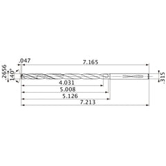 MVS0675X15S080 DP1020 0.2656″ Dia. × 0.315″ Shank × 5.008″ Flute Length × 7.213″ OAL, 140°, 2 Flute, Coolant Thru, Solid Carbide Drill