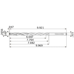 MVS0675X25S080 DP1020 0.2656″ Dia. × 0.315″ Shank × 7.764″ Flute Length × 9.969″ OAL, 140°, 2 Flute, Coolant Thru, Solid Carbide Drill