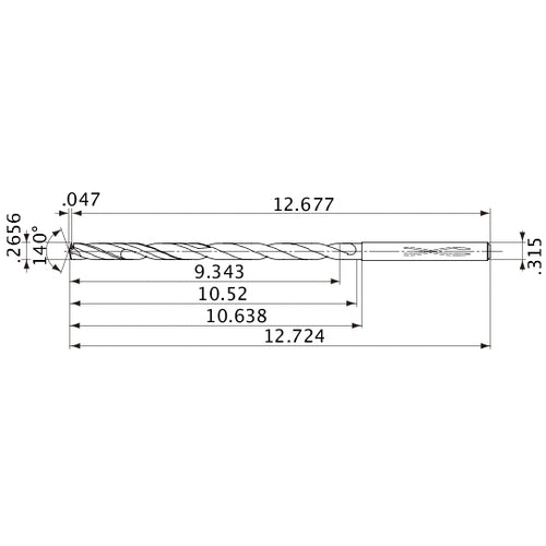 MVS0675X35S080 DP1020 0.2656″ Dia. × 0.315″ Shank × 10.52″ Flute Length × 12.724″ OAL, 140°, 2 Flute, Coolant Thru, Solid Carbide Drill