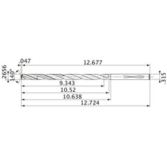 MVS0675X35S080 DP1020 0.2656″ Dia. × 0.315″ Shank × 10.52″ Flute Length × 12.724″ OAL, 140°, 2 Flute, Coolant Thru, Solid Carbide Drill
