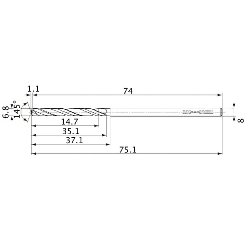 MVS0680X02S080PL DP1020 6.8 mm Dia. × 8 mm Shank × 35.1 mm Flute Length × 75.1 mm OAL, 145°, 2 Flute, Coolant Thru, Solid Carbide Drill
