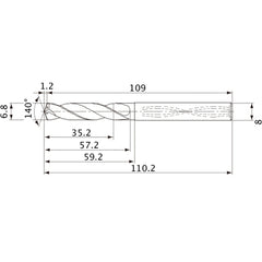 MVS0680X05S080 DP1020 6.8 mm Dia. × 8 mm Shank × 57.2 mm Flute Length × 110.2 mm OAL, 140°, 2 Flute, Coolant Thru, Solid Carbide Drill