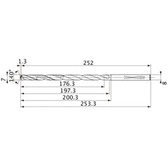 MVS0700X25S080 DP1020 7 mm Dia. × 8 mm Shank × 197.3 mm Flute Length × 253.3 mm OAL, 140°, 2 Flute, Coolant Thru, Solid Carbide Drill