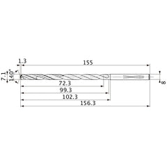 MVS0710X10S080 DP1020 7.1 mm Dia. × 8 mm Shank × 99.3 mm Flute Length × 156.3 mm OAL, 140°, 2 Flute, Coolant Thru, Solid Carbide Drill