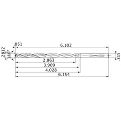 MVS0714X10S080 DP1020 0.2812″ Dia. × 0.315″ Shank × 3.909″ Flute Length × 6.154″ OAL, 140°, 2 Flute, Coolant Thru, Solid Carbide Drill
