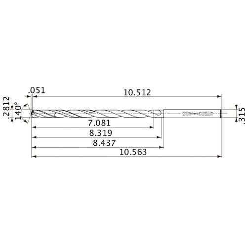 MVS0714X25S080 DP1020 0.2812″ Dia. × 0.315″ Shank × 8.319″ Flute Length × 10.563″ OAL, 140°, 2 Flute, Coolant Thru, Solid Carbide Drill