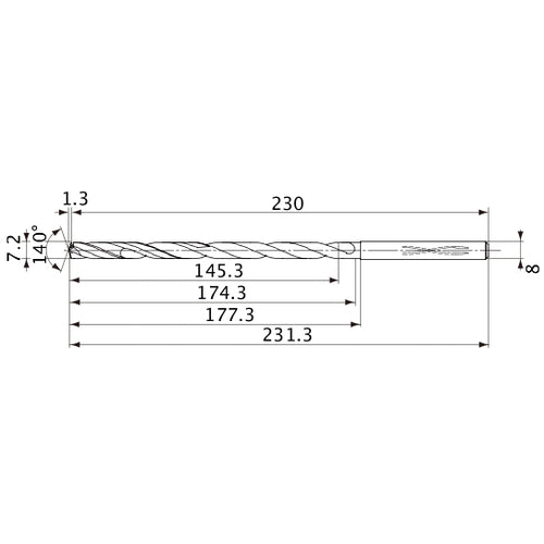 MVS0720X20S080 DP1020 7.2 mm Dia. × 8 mm Shank × 174.3 mm Flute Length × 231.3 mm OAL, 140°, 2 Flute, Coolant Thru, Solid Carbide Drill