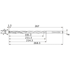 MVS0720X25S080 DP1020 7.2 mm Dia. × 8 mm Shank × 211.3 mm Flute Length × 268.3 mm OAL, 140°, 2 Flute, Coolant Thru, Solid Carbide Drill