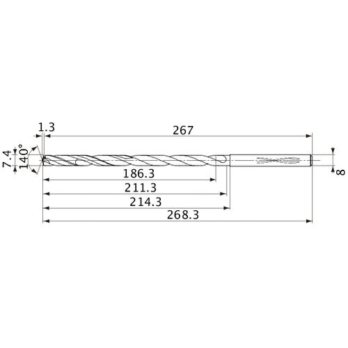 MVS0740X25S080 DP1020 7.4 mm Dia. × 8 mm Shank × 211.3 mm Flute Length × 268.3 mm OAL, 140°, 2 Flute, Coolant Thru, Solid Carbide Drill