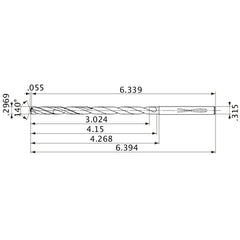 MVS0754X10S080 DP1020 0.2969″ Dia. × 0.315″ Shank × 4.15″ Flute Length × 6.394″ OAL, 140°, 2 Flute, Coolant Thru, Solid Carbide Drill