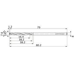 MVS0760X02S080PL DP1020 7.6 mm Dia. × 8 mm Shank × 38.2 mm Flute Length × 80.2 mm OAL, 145°, 2 Flute, Coolant Thru, Solid Carbide Drill