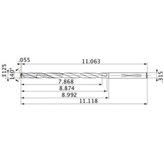 MVS0794X25S080 DP1020 5/16″ Dia. × 0.315″ Shank × 8.874″ Flute Length × 11.118″ OAL, 140°, 2 Flute, Coolant Thru, Solid Carbide Drill