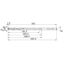 MVS0800X10S080 DP1020 8 mm Dia. × 8 mm Shank × 105.5 mm Flute Length × 162.5 mm OAL, 140°, 2 Flute, Coolant Thru, Solid Carbide Drill