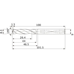 MVS0830X03S090 DP1020 8.3 mm Dia. × 9 mm Shank × 44 mm Flute Length × 101.5 mm OAL, 140°, 2 Flute, Coolant Thru, Solid Carbide Drill