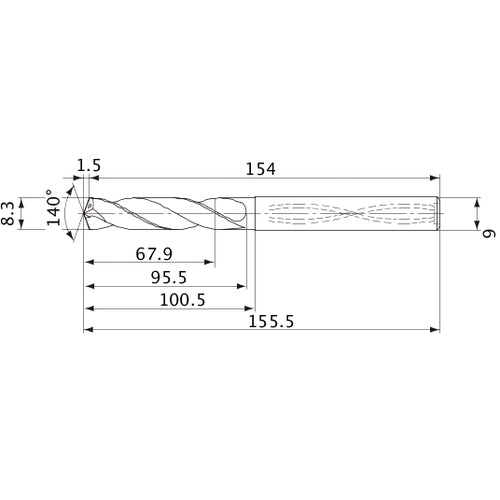 MVS0830X08S090 DP1020 8.3 mm Dia. × 9 mm Shank × 95.5 mm Flute Length × 155.5 mm OAL, 140°, 2 Flute, Coolant Thru, Solid Carbide Drill
