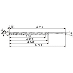 MVS0833X10S100 DP1020 0.3281″ Dia. × 0.394″ Shank × 4.429″ Flute Length × 6.713″ OAL, 140°, 2 Flute, Coolant Thru, Solid Carbide Drill