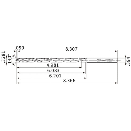 MVS0833X15S100 DP1020 0.3281″ Dia. × 0.394″ Shank × 6.083″ Flute Length × 8.366″ OAL, 140°, 2 Flute, Coolant Thru, Solid Carbide Drill