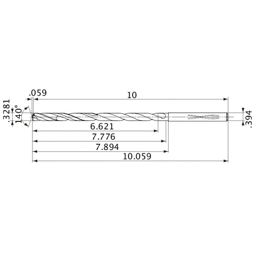 MVS0833X20S100 DP1020 0.3281″ Dia. × 0.394″ Shank × 7.776″ Flute Length × 10.059″ OAL, 140°, 2 Flute, Coolant Thru, Solid Carbide Drill