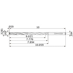 MVS0833X20S100 DP1020 0.3281″ Dia. × 0.394″ Shank × 7.776″ Flute Length × 10.059″ OAL, 140°, 2 Flute, Coolant Thru, Solid Carbide Drill
