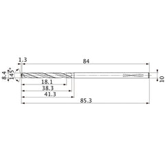 MVS0840X02S100PL DP1020 8.4 mm Dia. × 10 mm Shank × 38.3 mm Flute Length × 85.3 mm OAL, 145°, 2 Flute, Coolant Thru, Solid Carbide Drill