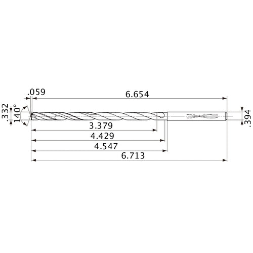 MVS0843X10S100 DP1020 0.332″ Dia. × 0.394″ Shank × 4.429″ Flute Length × 6.713″ OAL, 140°, 2 Flute, Coolant Thru, Solid Carbide Drill