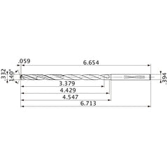 MVS0843X10S100 DP1020 0.332″ Dia. × 0.394″ Shank × 4.429″ Flute Length × 6.713″ OAL, 140°, 2 Flute, Coolant Thru, Solid Carbide Drill